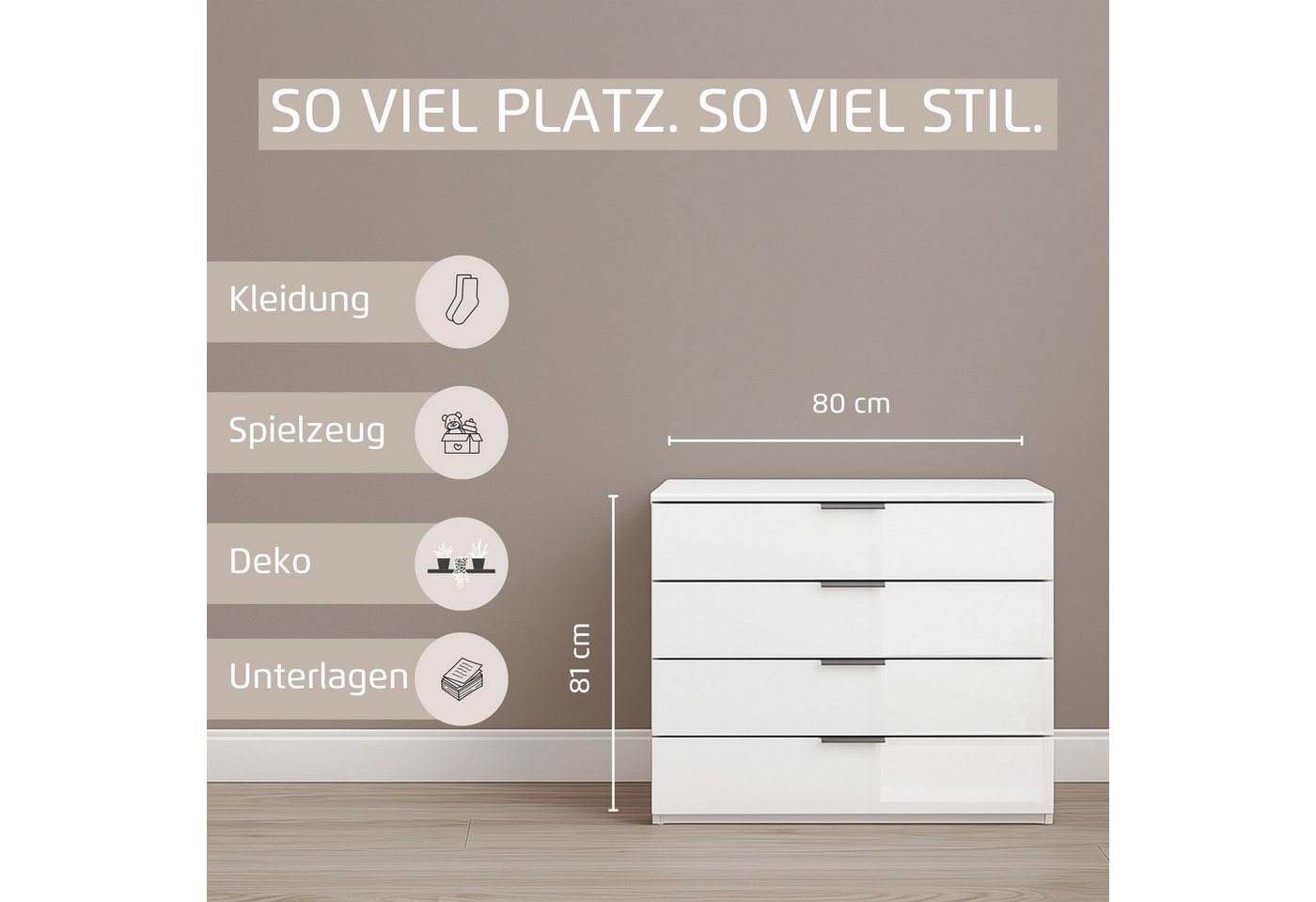 OTTO home Schubkastenkommode Sideboard Schubladenkommode Schubladenkommode AGORDO mit Glasfront (in zwei Griff-Farben, Breite 80 cm), vier große und geräumige S – Bild 4 von 5