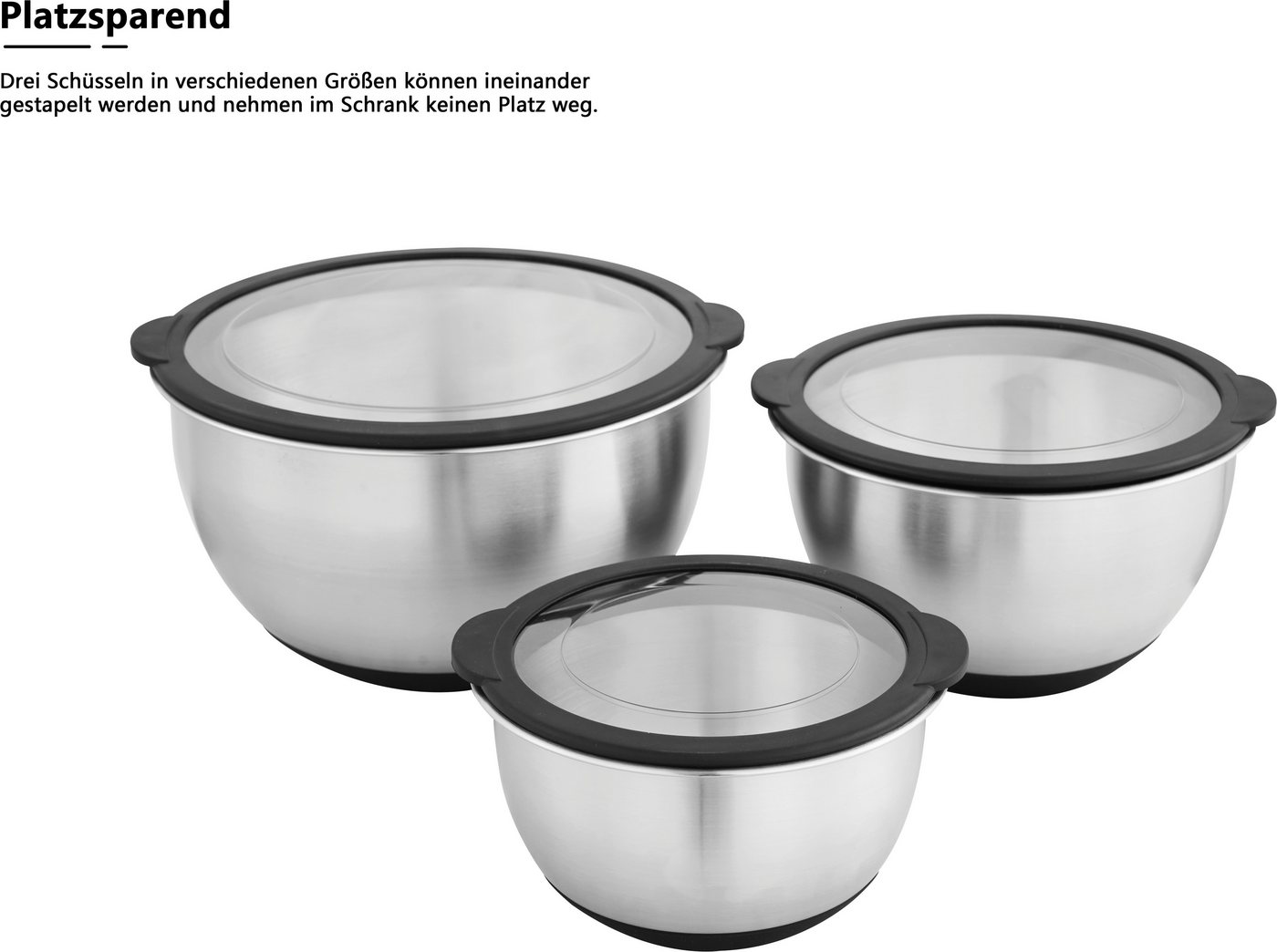 OTTO home Schüssel Sissela, inkl. Deckel, Ø 16 / 20 / 24 cm, Edelstahl 18/10, (Set, 3-tlg), Ideal zum Zubereiten, Lagern und Servieren von Speisen – Bild 3 von 5