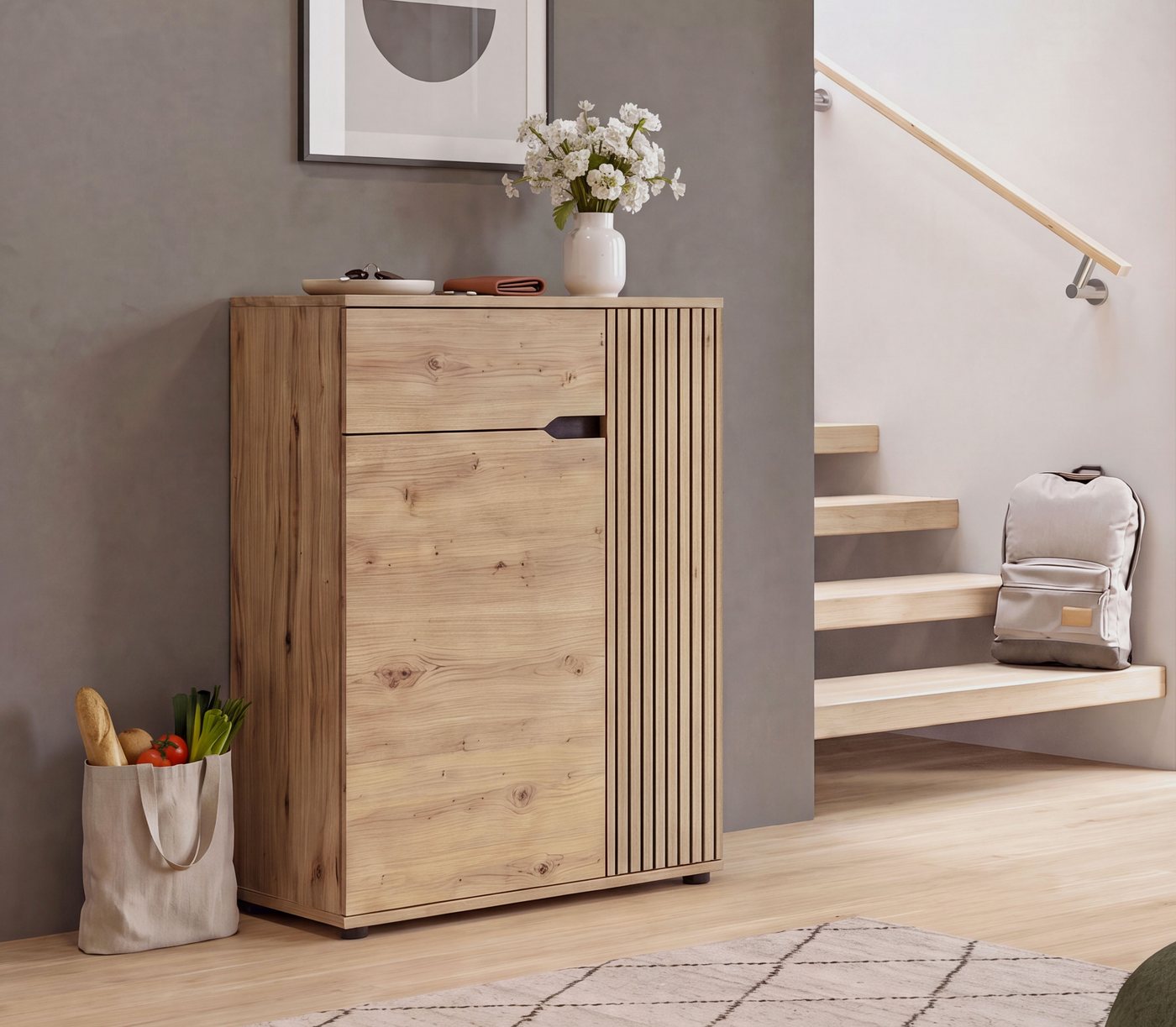 OTTO home Schuhkommode FJELL, Breite 80cm, 2 Türen, 1 Schubkasten, 3 Einlegeböden, 5 Fächer (hochwertig verarbeitete Längsfräsung, praktische Griffaussparung),  – Bild 2 von 5