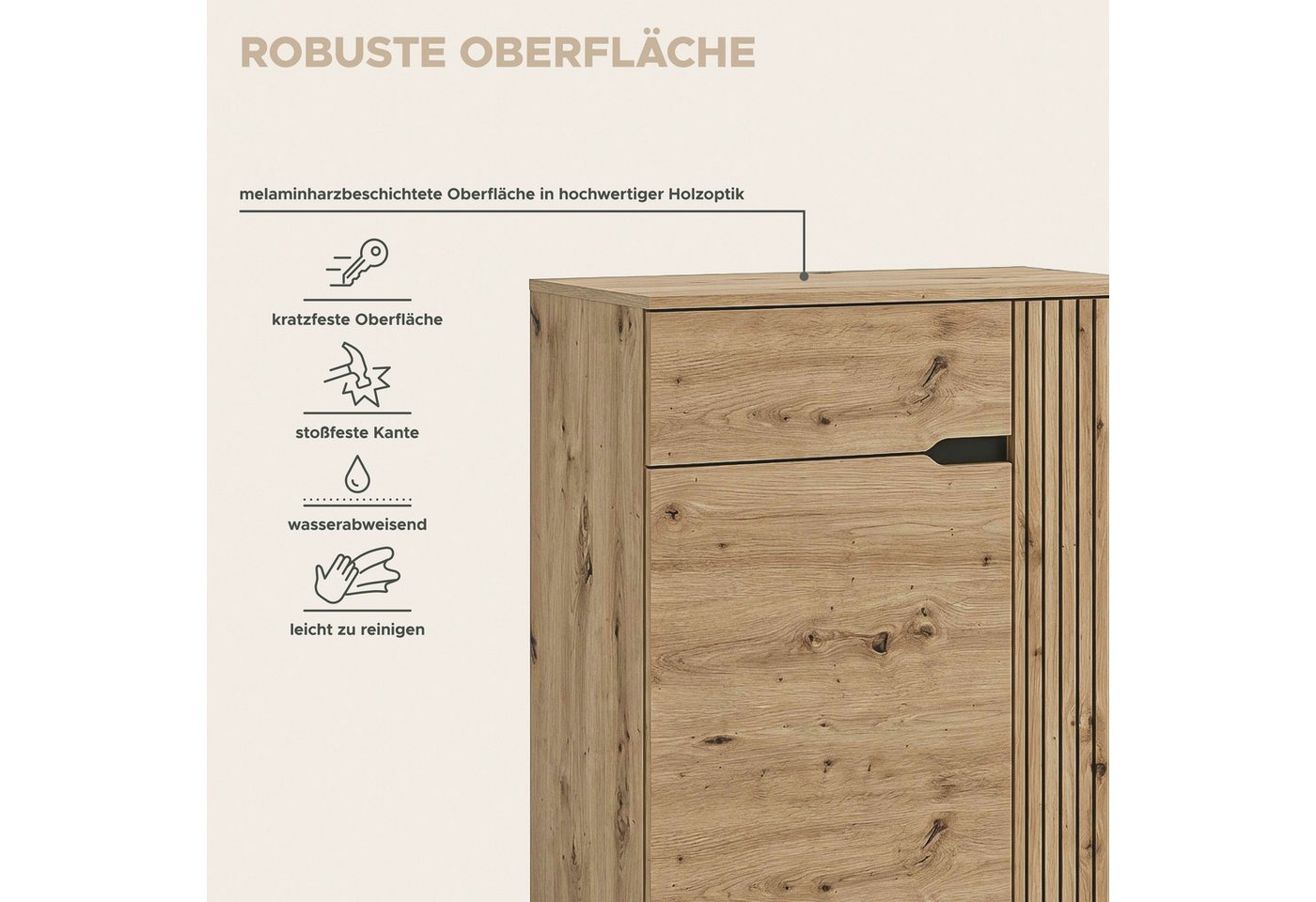 OTTO home Schuhkommode FJELL, Breite 80cm, 2 Türen, 1 Schubkasten, 3 Einlegeböden, 5 Fächer (hochwertig verarbeitete Längsfräsung, praktische Griffaussparung),  – Bild 5 von 5
