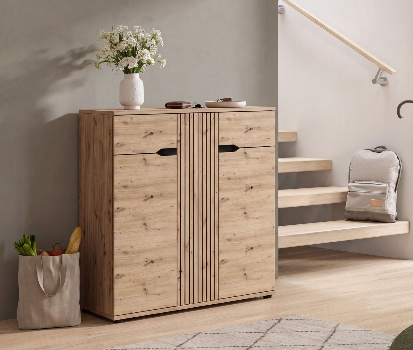 OTTO home Schuhkommode FJELL, Breite 104cm, 3 Türen, 2 Schubkästen, 6 Einlegeböden, 9 Fächer (hochwertig verarbeitete Längsfräsung, praktische Griffaussparung), – Bild 2 von 5