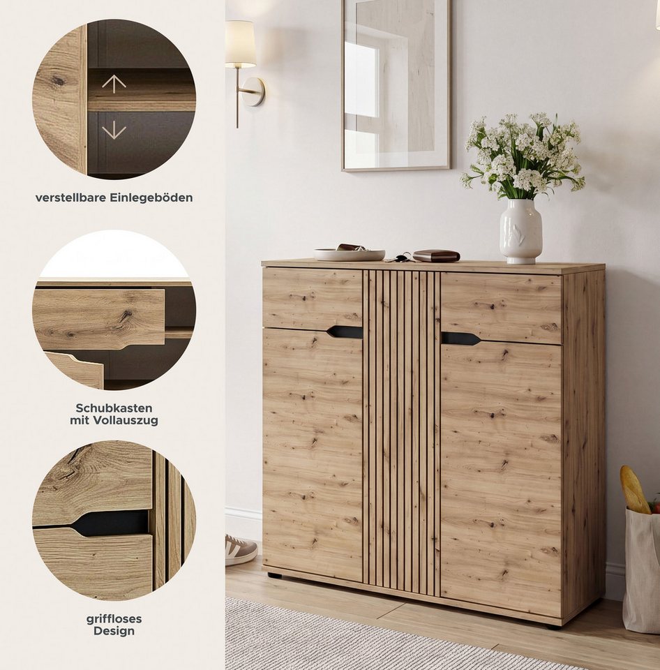 OTTO home Schuhkommode FJELL, Breite 104cm, 3 Türen, 2 Schubkästen, 6 Einlegeböden, 9 Fächer (hochwertig verarbeitete Längsfräsung, praktische Griffaussparung), – Bild 3 von 5