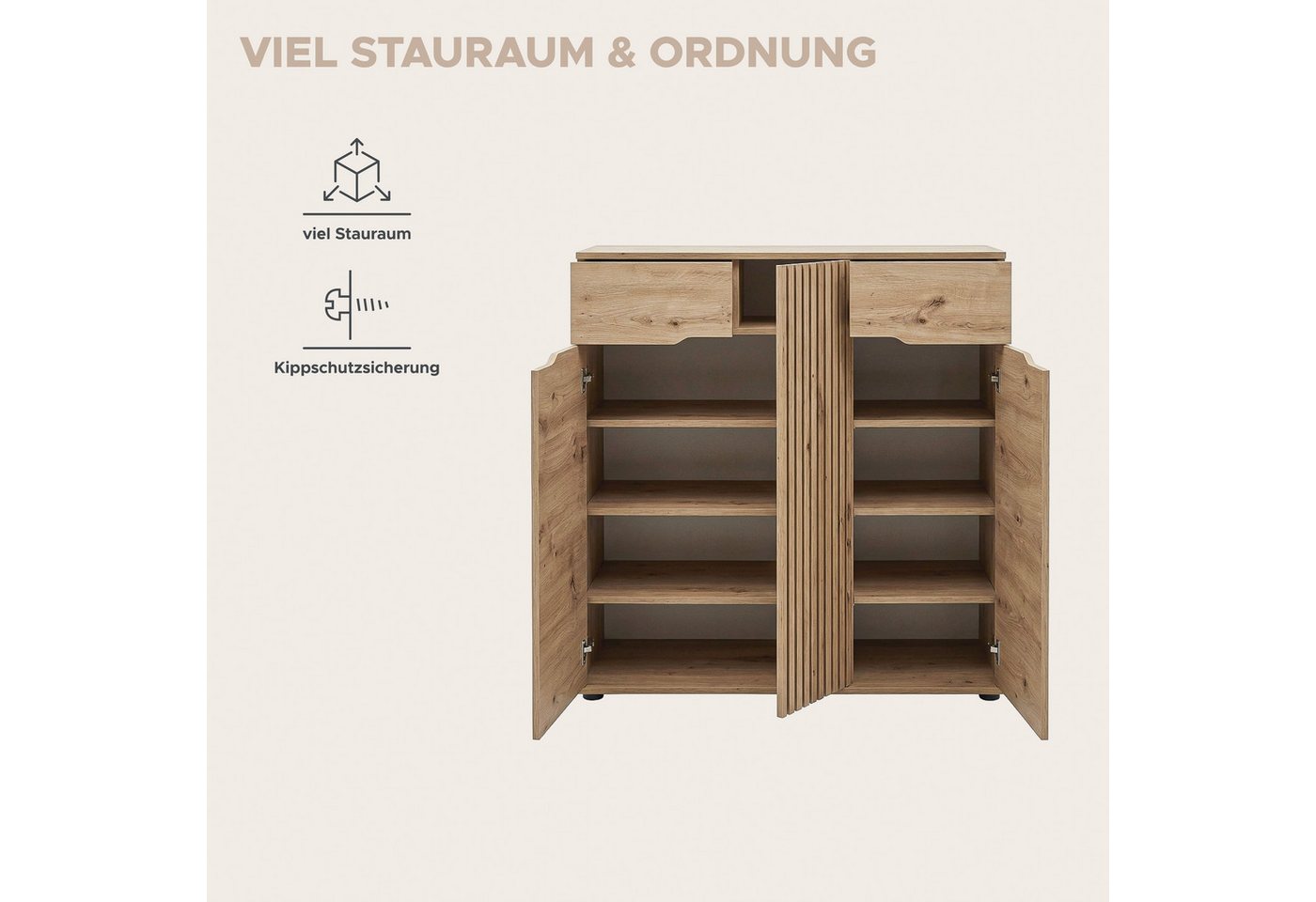 OTTO home Schuhkommode FJELL, Breite 104cm, 3 Türen, 2 Schubkästen, 6 Einlegeböden, 9 Fächer (hochwertig verarbeitete Längsfräsung, praktische Griffaussparung), – Bild 4 von 5