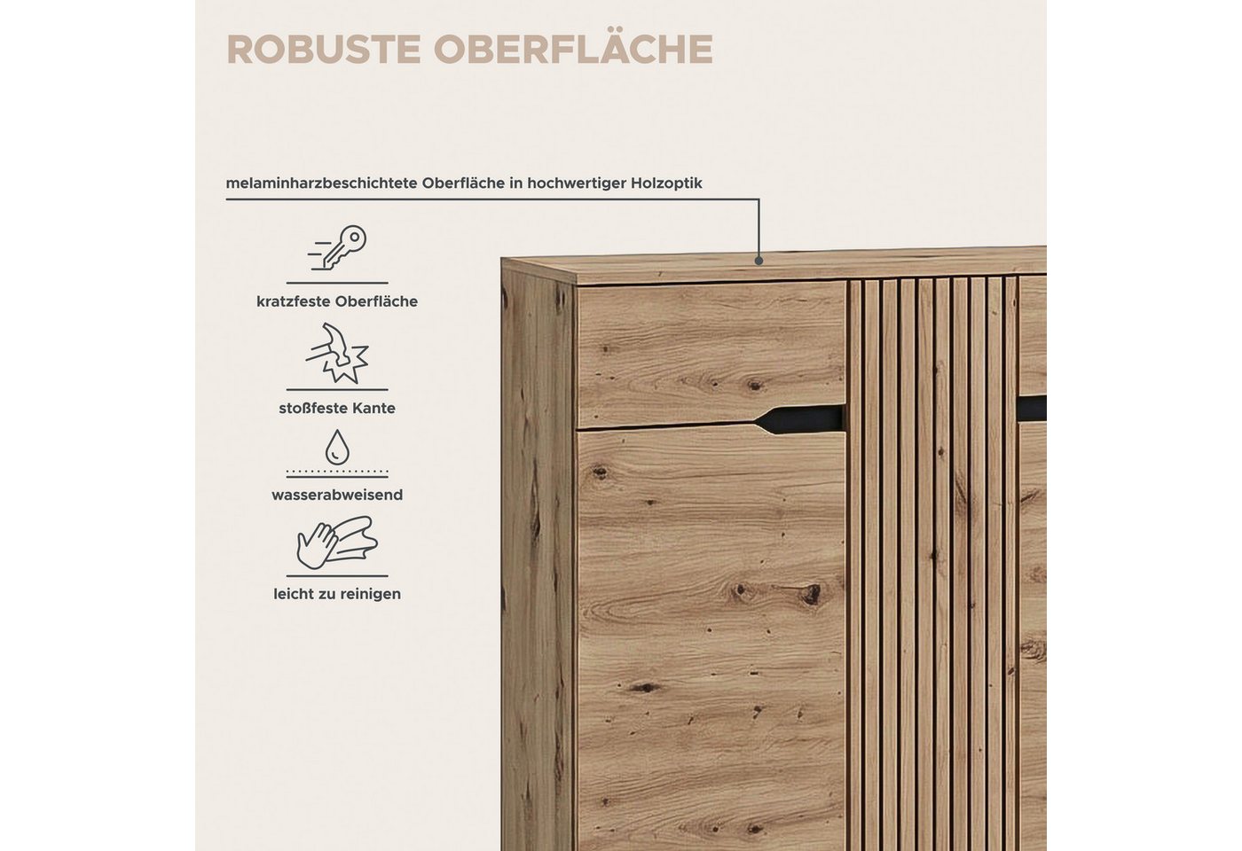 OTTO home Schuhkommode FJELL, Breite 104cm, 3 Türen, 2 Schubkästen, 6 Einlegeböden, 9 Fächer (hochwertig verarbeitete Längsfräsung, praktische Griffaussparung), – Bild 5 von 5