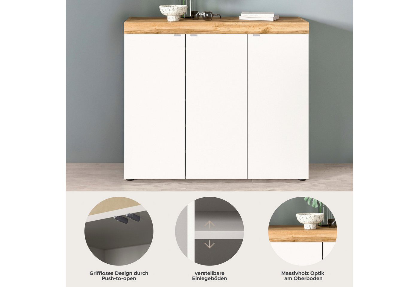 OTTO home Schuhschrank MAMBO II, Breite 115 cm, 3 Türen, 10 Einlegeböden (1-St., hängend oder stehend montierbar) Schuhschrank, Schuhkommode, Flur, Diele – Bild 3 von 5