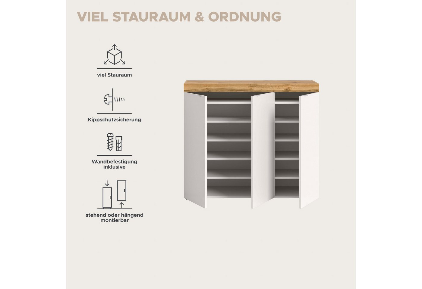 OTTO home Schuhschrank MAMBO II, Breite 115 cm, 3 Türen, 10 Einlegeböden (1-St., hängend oder stehend montierbar) Schuhschrank, Schuhkommode, Flur, Diele – Bild 4 von 5