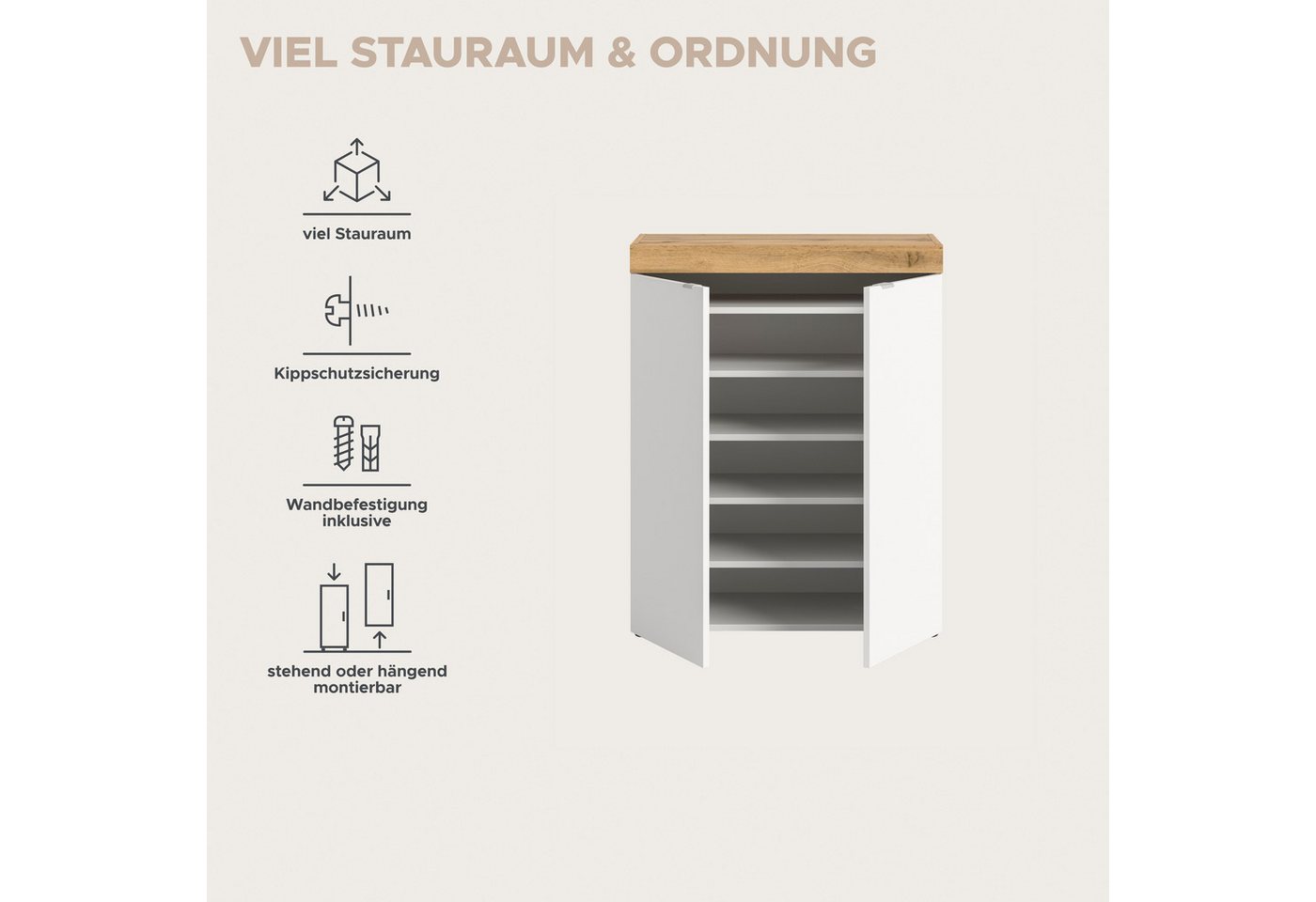 OTTO home Schuhschrank MAMBO II, Breite 77 cm, 2 Türen, 5 Einlegeböden (1-St., hängend oder stehend montierbar) Schuhschrank, Schuhkommode, Flur, Diele – Bild 4 von 5