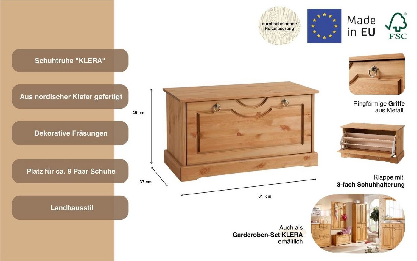 OTTO home Schuhtruhe Klera, Schuhbank, mit dekorativen Fräsungen, Lanhausstil (Made in Europe), Breite 81 cm, aus massiver Kiefer, FSC®-zertifiziert – Bild 3 von 5