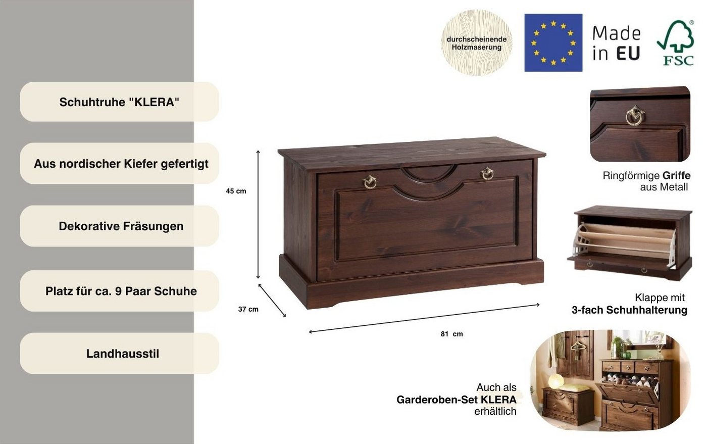 OTTO home Schuhtruhe Klera, Schuhbank, mit dekorativen Fräsungen, Lanhausstil (Made in Europe), Breite 81 cm, aus massiver Kiefer, FSC®-zertifiziert – Bild 3 von 5
