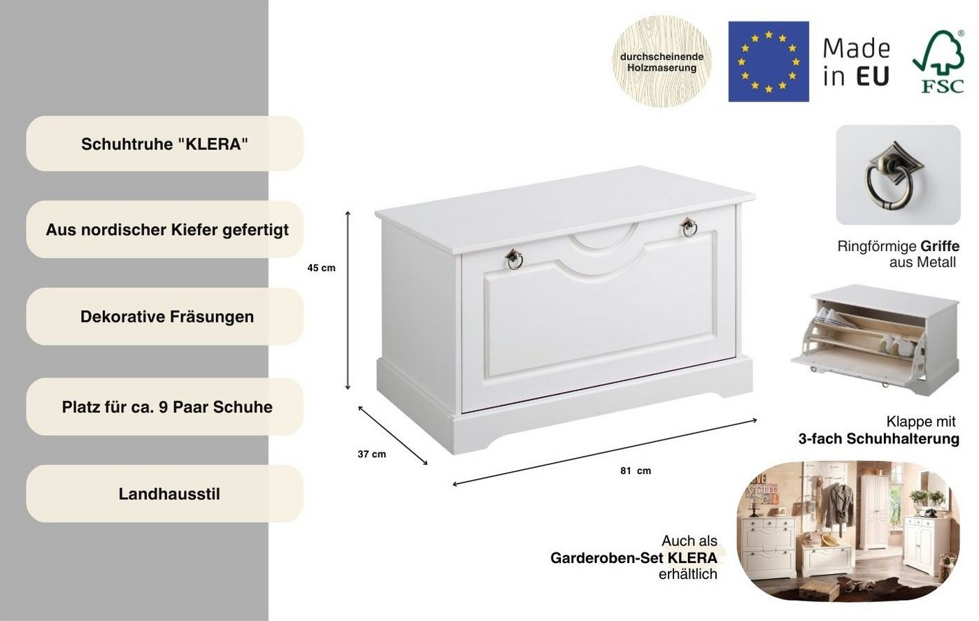 OTTO home Schuhtruhe Klera, Schuhbank, mit dekorativen Fräsungen, Lanhausstil (Made in Europe), Breite 81 cm, aus massiver Kiefer, FSC®-zertifiziert – Bild 3 von 5