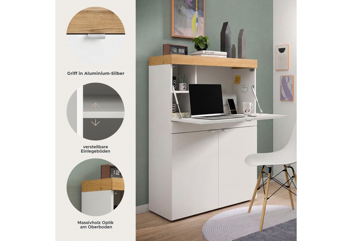 OTTO home Sekretär MAMBO, Höhe 122cm, 2 Türen, 1 Schubkasten, 1 Klappe (Multifunktional mit viel Stauraum, klappbare Tischfläche), Home-Office-Schreibtisch, PC- – Bild 3 von 5
