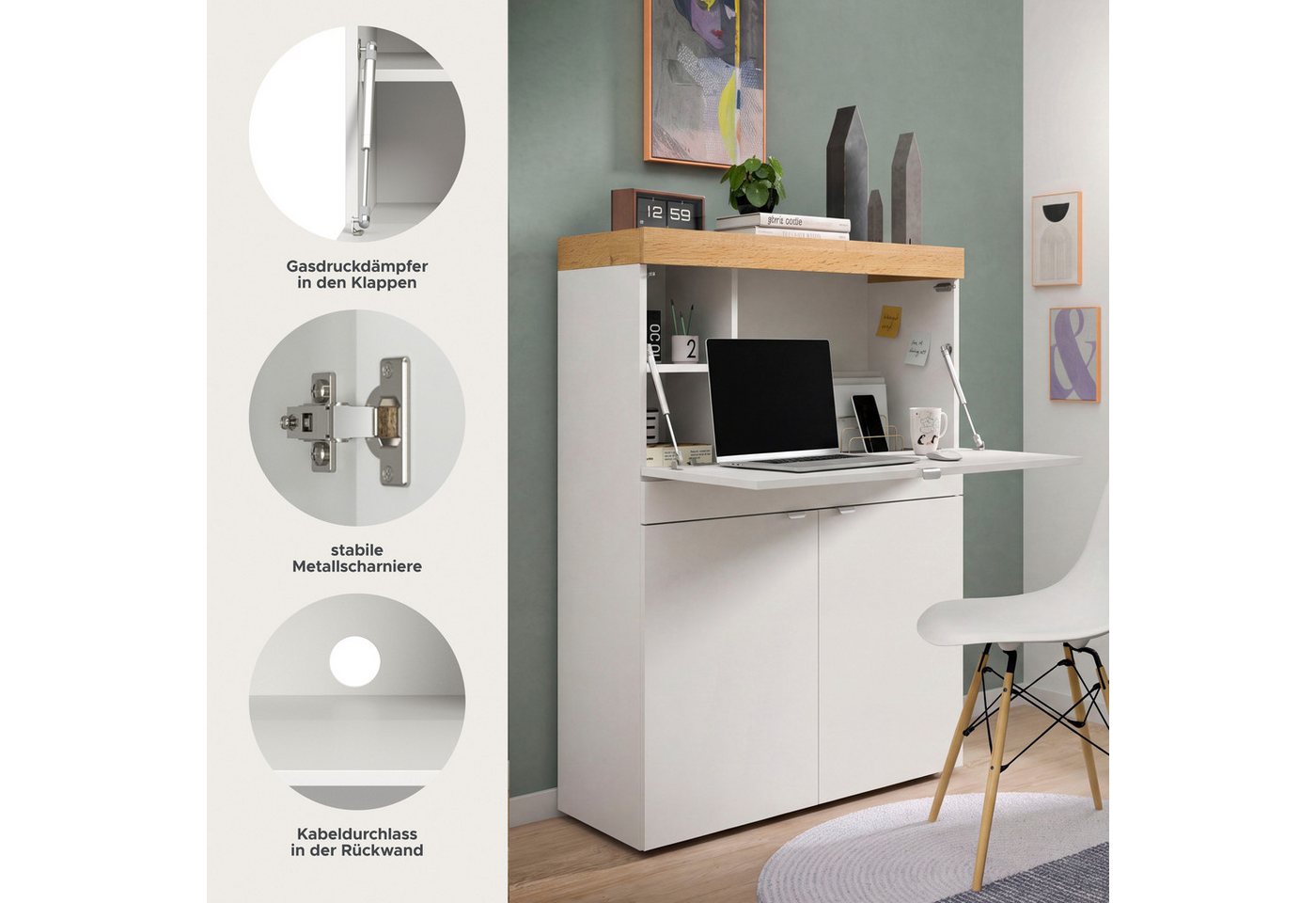 OTTO home Sekretär MAMBO, Höhe 122cm, 2 Türen, 1 Schubkasten, 1 Klappe (Multifunktional mit viel Stauraum, klappbare Tischfläche), Home-Office-Schreibtisch, PC- – Bild 4 von 5