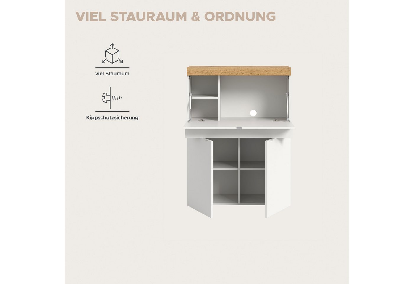 OTTO home Sekretär MAMBO, Höhe 122cm, 2 Türen, 1 Schubkasten, 1 Klappe (Multifunktional mit viel Stauraum, klappbare Tischfläche), Home-Office-Schreibtisch, PC- – Bild 5 von 5