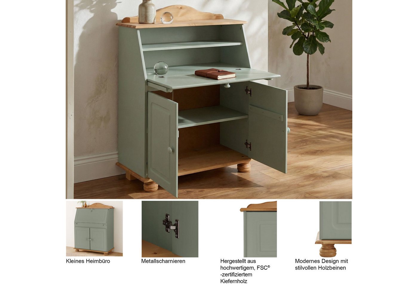 OTTO home Sekretär Mette, Schreibtisch im Landhausstil, aus Massivholz, Breite 82 cm – Bild 3 von 5