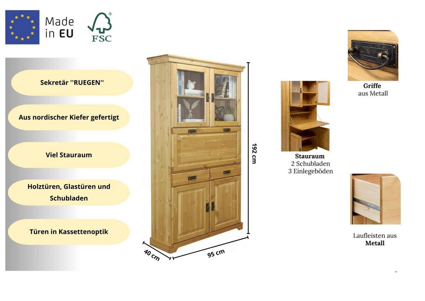 OTTO home Sekretär Rügen, aus massiver Kiefer, Breite 94 cm, made in EU – Bild 3 von 5
