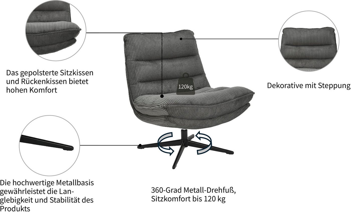 OTTO home Sessel AVAA, Loungesessel im softem Cord-Bezug, 360° Grad drehbar, Relax- und TV-Sessel – Bild 3 von 5