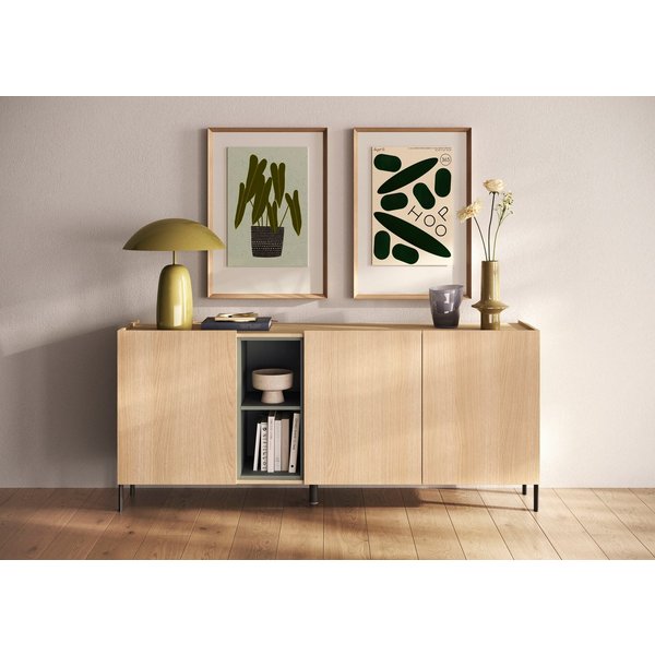 OTTO home Sideboard Badia, 182 cm breit, 3 Türen, Anrichte, Kommode, Stauraumschrank, Innenliegendes Top, gerade Metallfüße, salbeigrüne Farbakzente