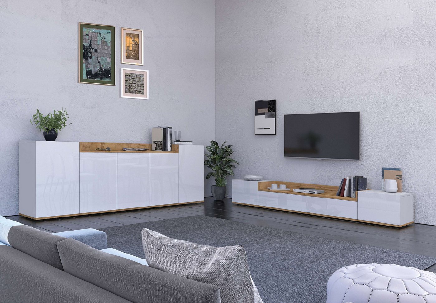 OTTO home Sideboard BOLSENA, Kommode, Schrank,Lowboard mit 8 Fächer und offenes Ablagefach (1 St), Breite 200 cm,stehend/hängend,Fronten Hochglanz lackiert,Made – Bild 2 von 5