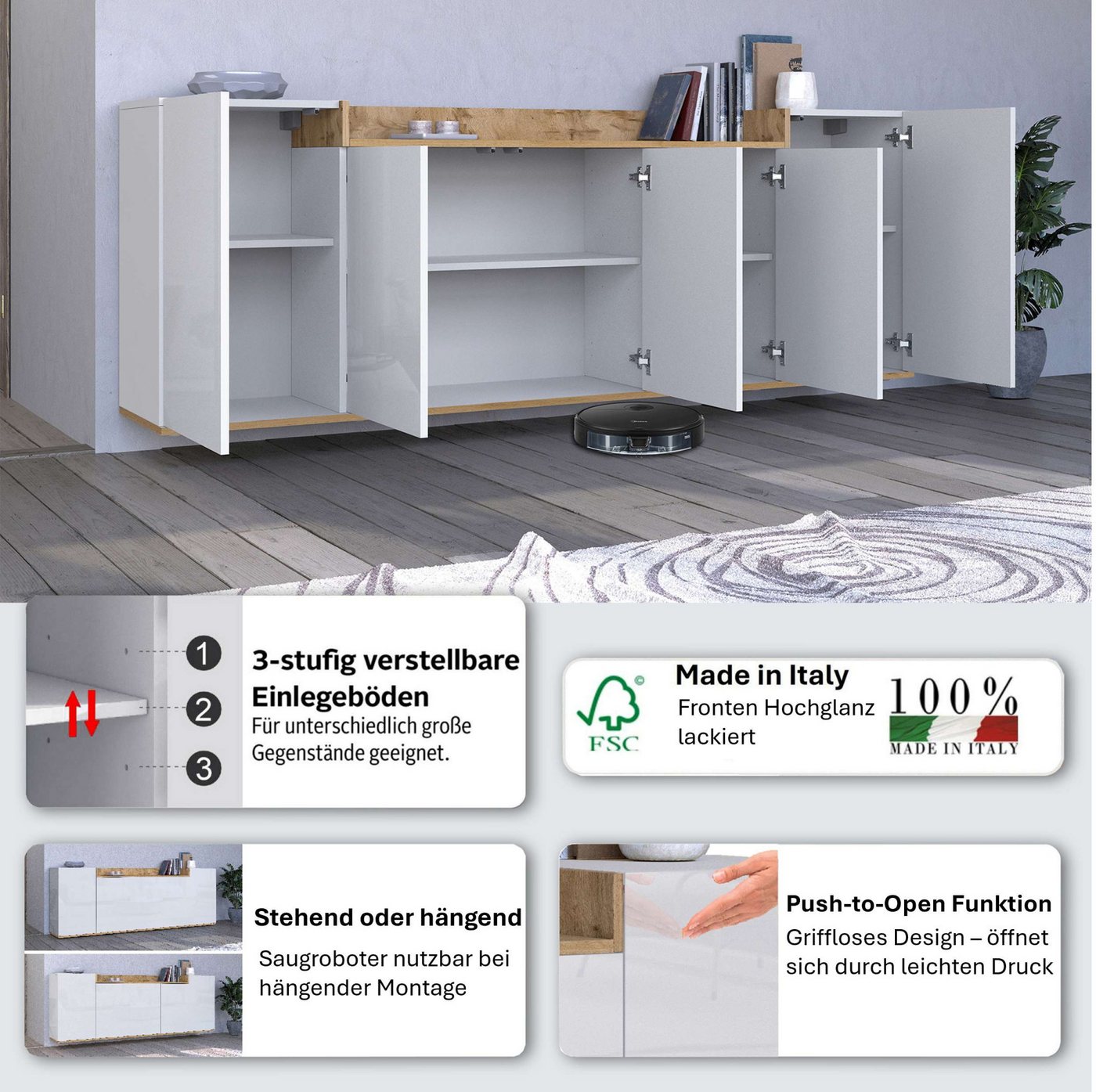 OTTO home Sideboard BOLSENA, Kommode, Schrank,Lowboard mit 8 Fächer und offenes Ablagefach (1 St), Breite 200 cm,stehend/hängend,Fronten Hochglanz lackiert,Made – Bild 3 von 5