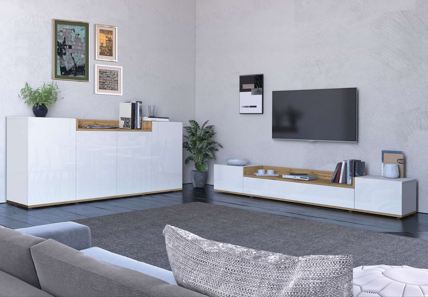OTTO home Sideboard BOLSENA, Kommode, Schrank,Lowboard mit 6 Fächer und offenes Ablagefach (1 St), Breite 160 cm,stehend/hängend,Fronten Hochglanz lackiert,Made – Bild 2 von 5