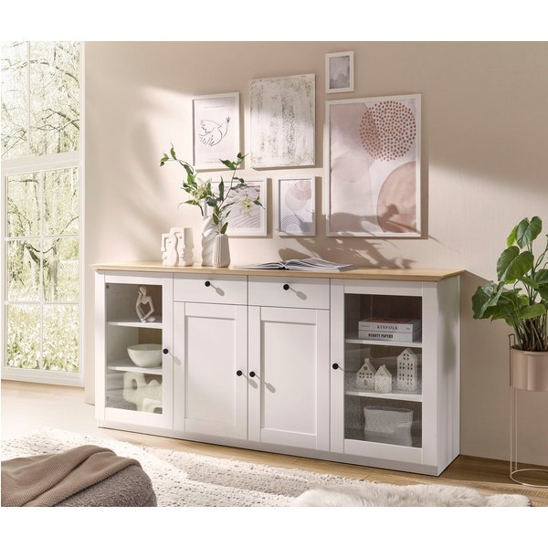 OTTO home Sideboard Brest, Schrank im Landhausstil, Kommode, zeitloses Stauraumelement, schwarze Metallgriffe, ausreichend Stauraum, Glastüren, 204 cm breit