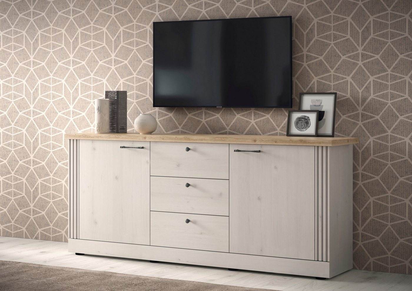 OTTO home Sideboard Country Breite 211 cm, Kommode 2 Türen u. 3 Schubkästen, Anrichte, im Landhausstil, viel Stauraum, mit Metallgriffe, MDF Rahmen – Bild 2 von 5