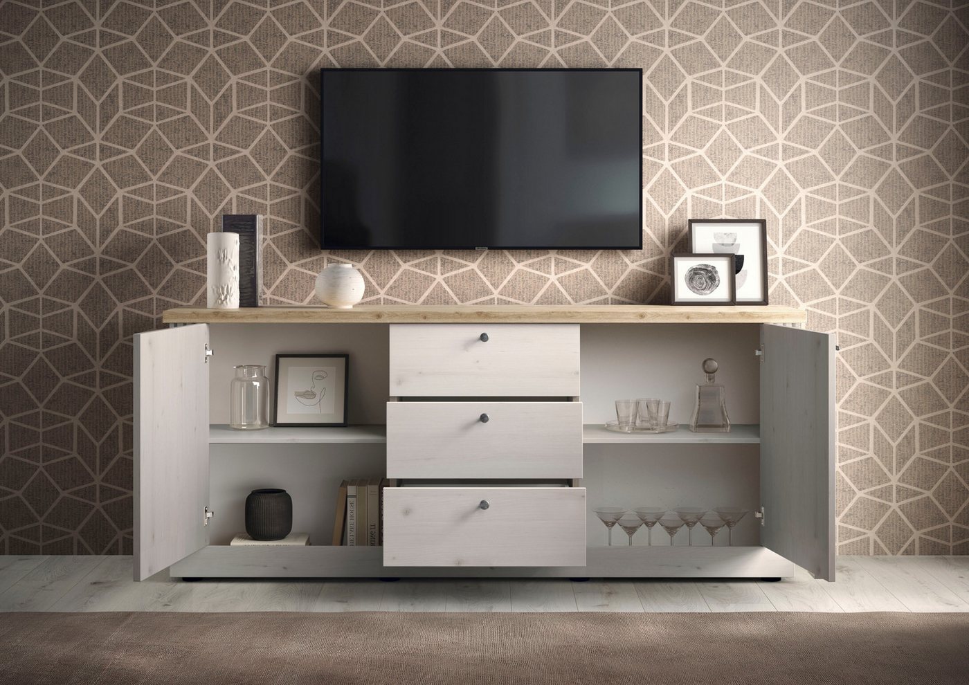 OTTO home Sideboard Country Breite 211 cm, Kommode 2 Türen u. 3 Schubkästen, Anrichte, im Landhausstil, viel Stauraum, mit Metallgriffe, MDF Rahmen – Bild 3 von 5