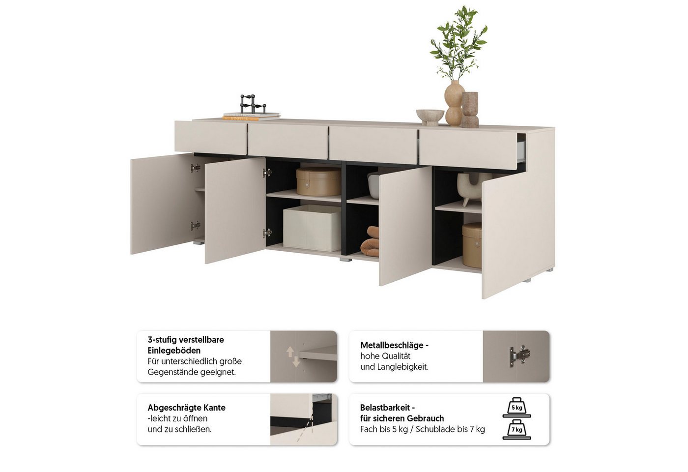 OTTO home Sideboard Cross,Breite 225 cm, moderne grifflose Kommode,4 Türen/4 Schubkästen, Schubladenschrank mit viel Stauraum, Einlegeböden verstellbar – Bild 3 von 5