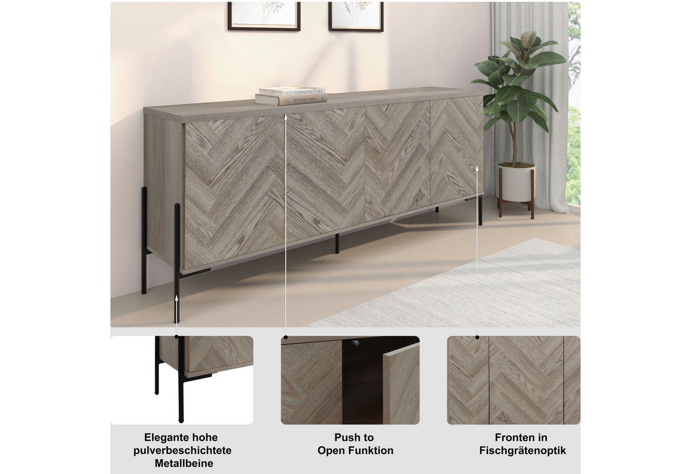 OTTO home Sideboard Eadwine, Kommode, Push-to-open, Türen mit Fischgräten Muster, Breite 175 cm – Bild 3 von 5