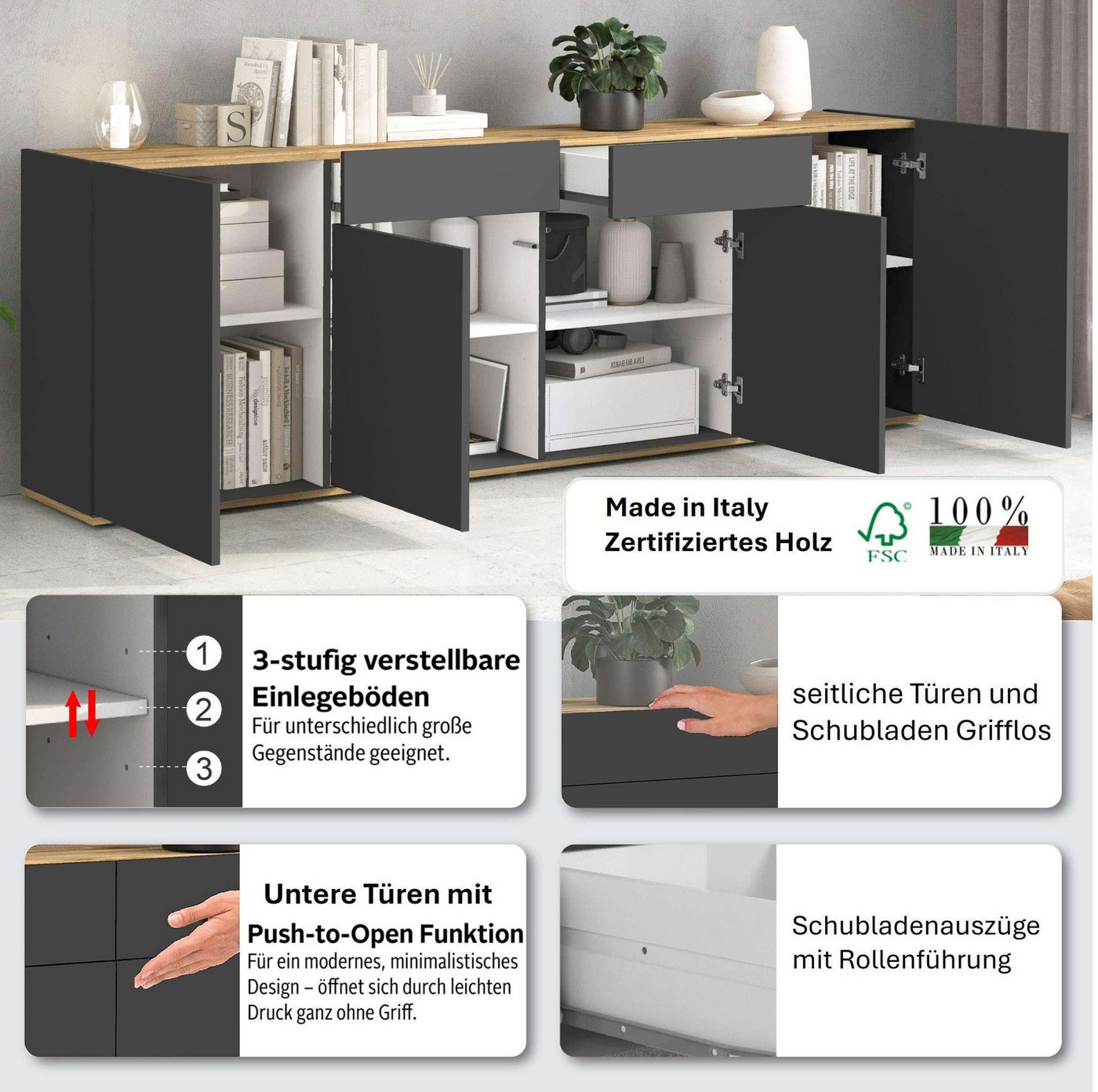 OTTO home Sideboard GARDA, Kommode, Schrank, untere Türen mit Push-to-Open, Made in Italy (1 St), 4 Türen, 2 Schubladen, grifflos Breite 200 cm, anthrazit/eiche – Bild 3 von 5