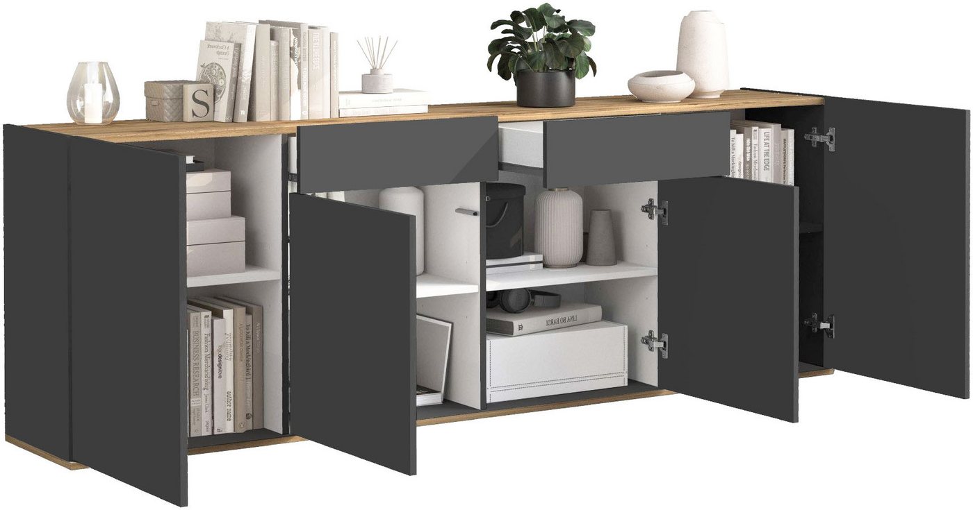 OTTO home Sideboard GARDA, Kommode, Schrank, untere Türen mit Push-to-Open, Made in Italy (1 St), 4 Türen, 2 Schubladen, grifflos Breite 200 cm, anthrazit/eiche – Bild 4 von 5