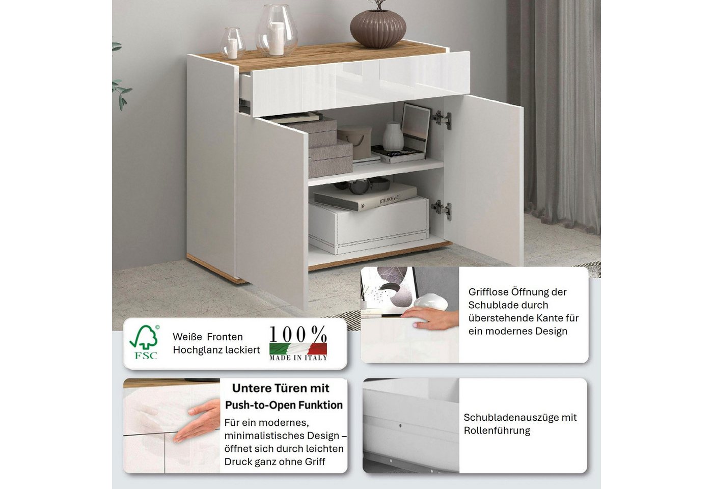 OTTO home Sideboard Garda, Kommode, Schrank, 2 Türen, 1 Schublade, Made in Italy, Hochglanzlackierte Fronten, Korpus matt, grifflos, Breite 80,9 cm – Bild 3 von 5