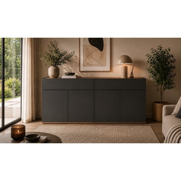 OTTO home Sideboard Garda Kommode, Schrank, 4 Türen mit Push-to-Open, Made in Italy, 4 Türen, 2 Schubladen, grifflos Breite 160,1 cm, anthrazit/eiche matt