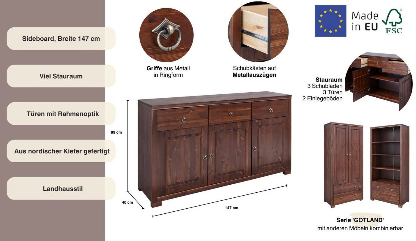 OTTO home Sideboard Gotland, Kommode, Breite 147 cm, aus massiver Kiefer, FSC® – Bild 4 von 5