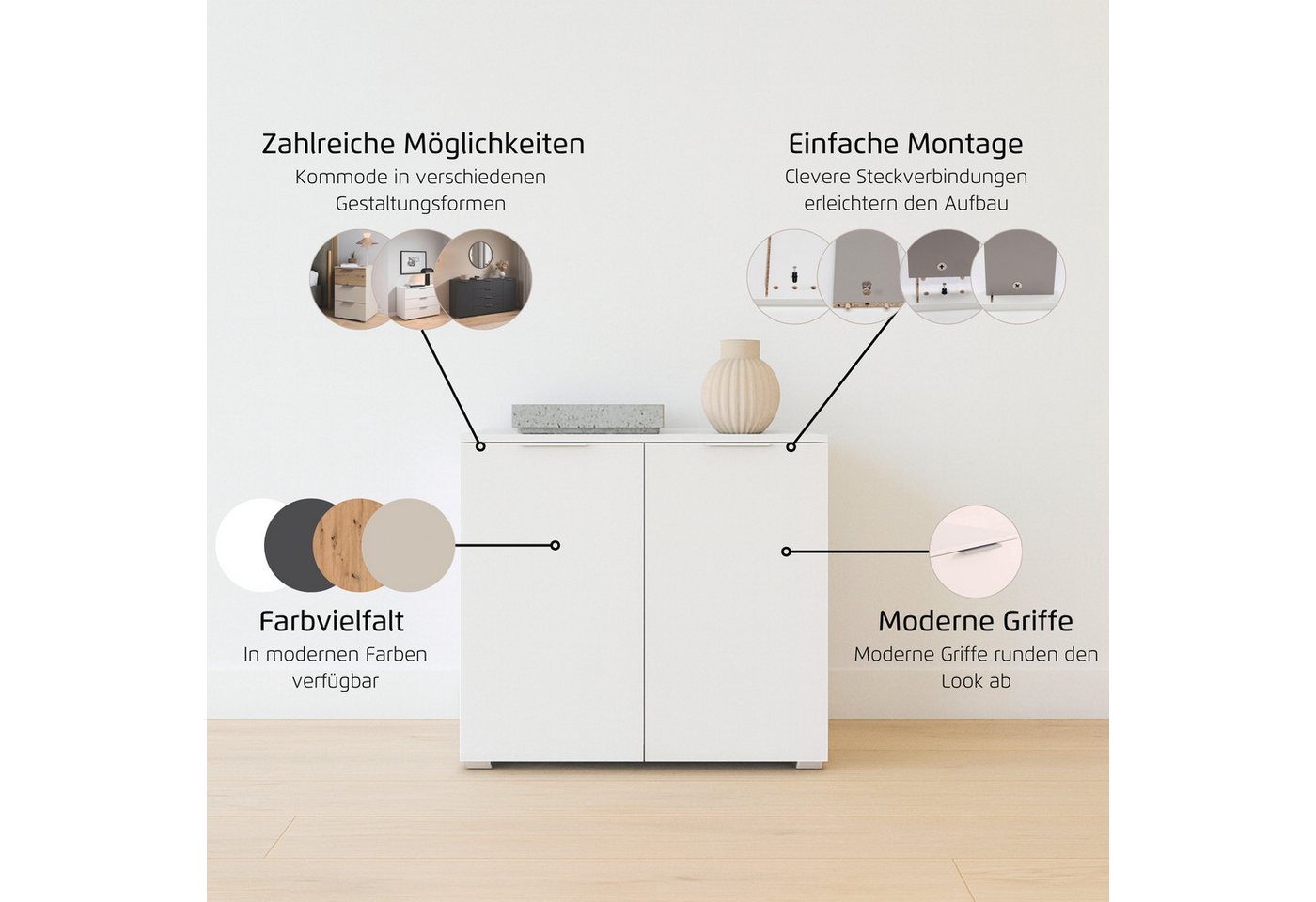 OTTO home Sideboard Highboard Sideboard Schubladenkommode Kommode Schlafzimmer ASTANA (Breite 80 cm / Höhe 81 cm, mit 2 Einlegeböden), mit 2 Türen, verstellbare – Bild 4 von 5
