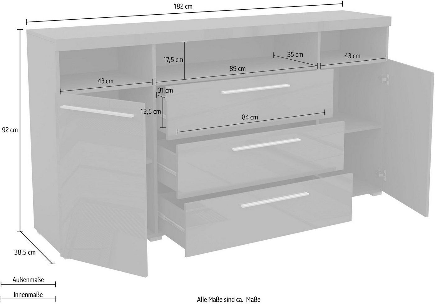 OTTO home Sideboard India,Breite 182cm moderne Anrichte 2Türen,3 Schubladen, Kombikommode, Kommode viel Stauraum, Einlegeböden verstellbar,ohne Beleuchtung – Bild 5 von 5