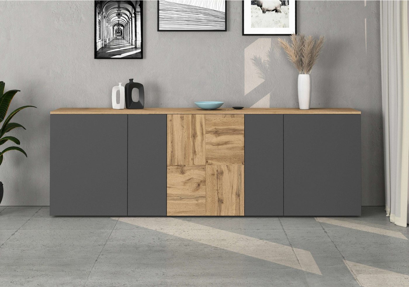 OTTO home Sideboard ISEO, Kommode, Schrank, Sideboard, Lowboard, 6 Fächer, Breite 200 cm (1 St), stehend/hängend, 5 Türen, 6 Fächer, Breite 200 cm – Bild 2 von 5