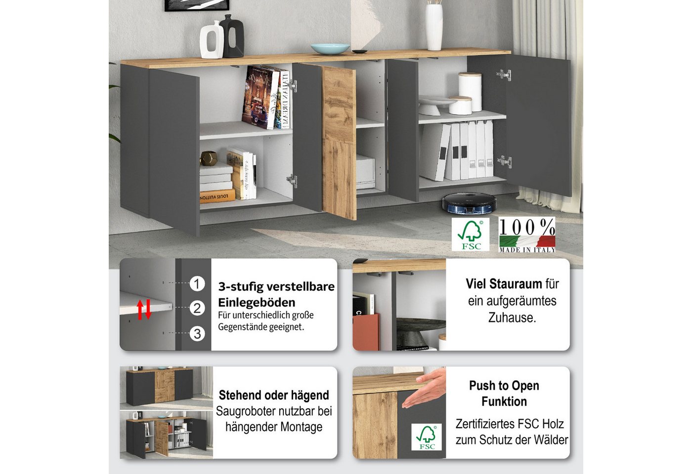 OTTO home Sideboard ISEO, Kommode, Schrank, Sideboard, Lowboard, 6 Fächer, Breite 200 cm (1 St), stehend/hängend, 5 Türen, 6 Fächer, Breite 200 cm – Bild 3 von 5