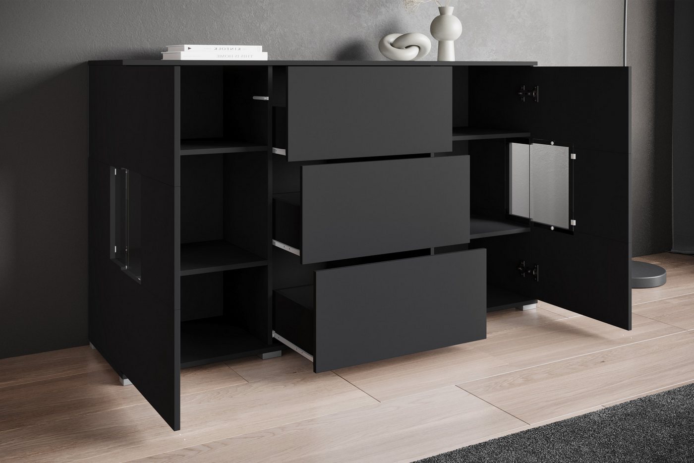 OTTO home Sideboard Kenia (1 St), Sideboard mit 3 Schubladen, 6 Fächern, Glastüren, Breite 150 cm – Bild 5 von 5