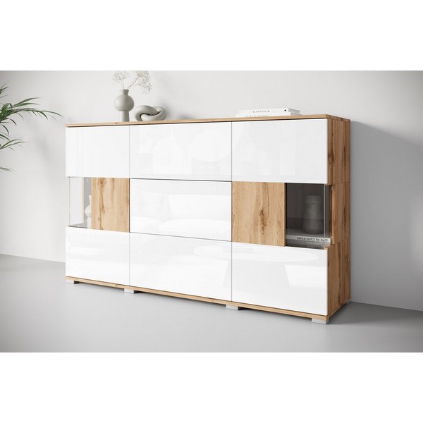 OTTO home Sideboard Kenia (1 St), Sideboard mit 3 Schubladen, 6 Fächern, Glastüren, Breite 150 cm