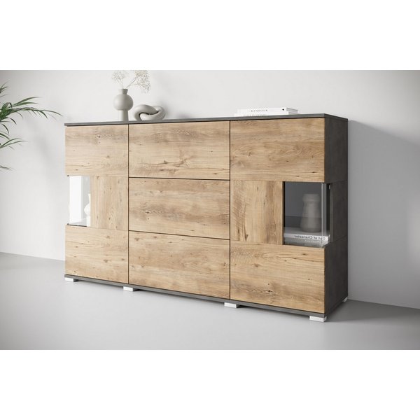 OTTO home Sideboard Kenia (1 St), Sideboard mit 3 Schubladen, 6 Fächern, Glastüren, Breite 150 cm