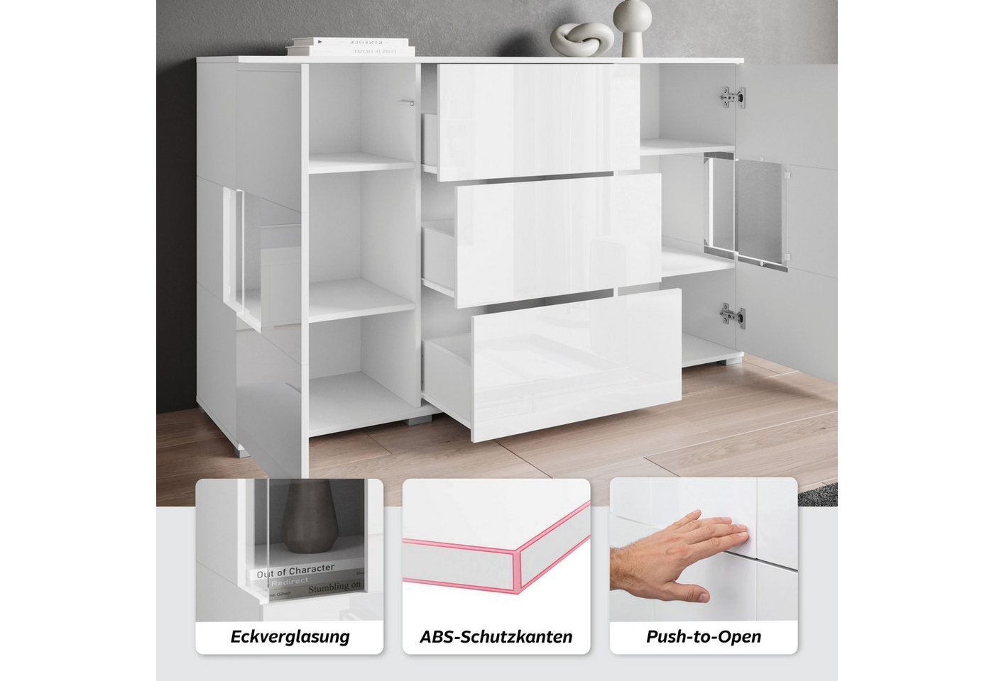 OTTO home Sideboard Kenia (1 St), Sideboard mit 3 Schubladen, 6 Fächern, Glastüren, Breite 150 cm – Bild 3 von 5