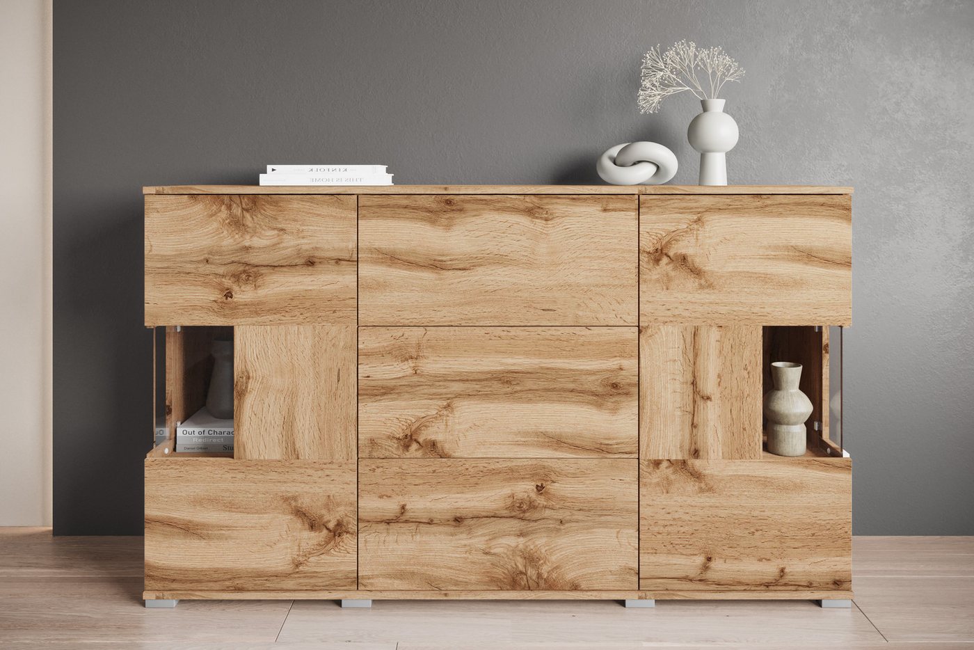 OTTO home Sideboard Kenia (1 St), Sideboard mit 3 Schubladen, 6 Fächern, Glastüren, Breite 150 cm – Bild 4 von 5