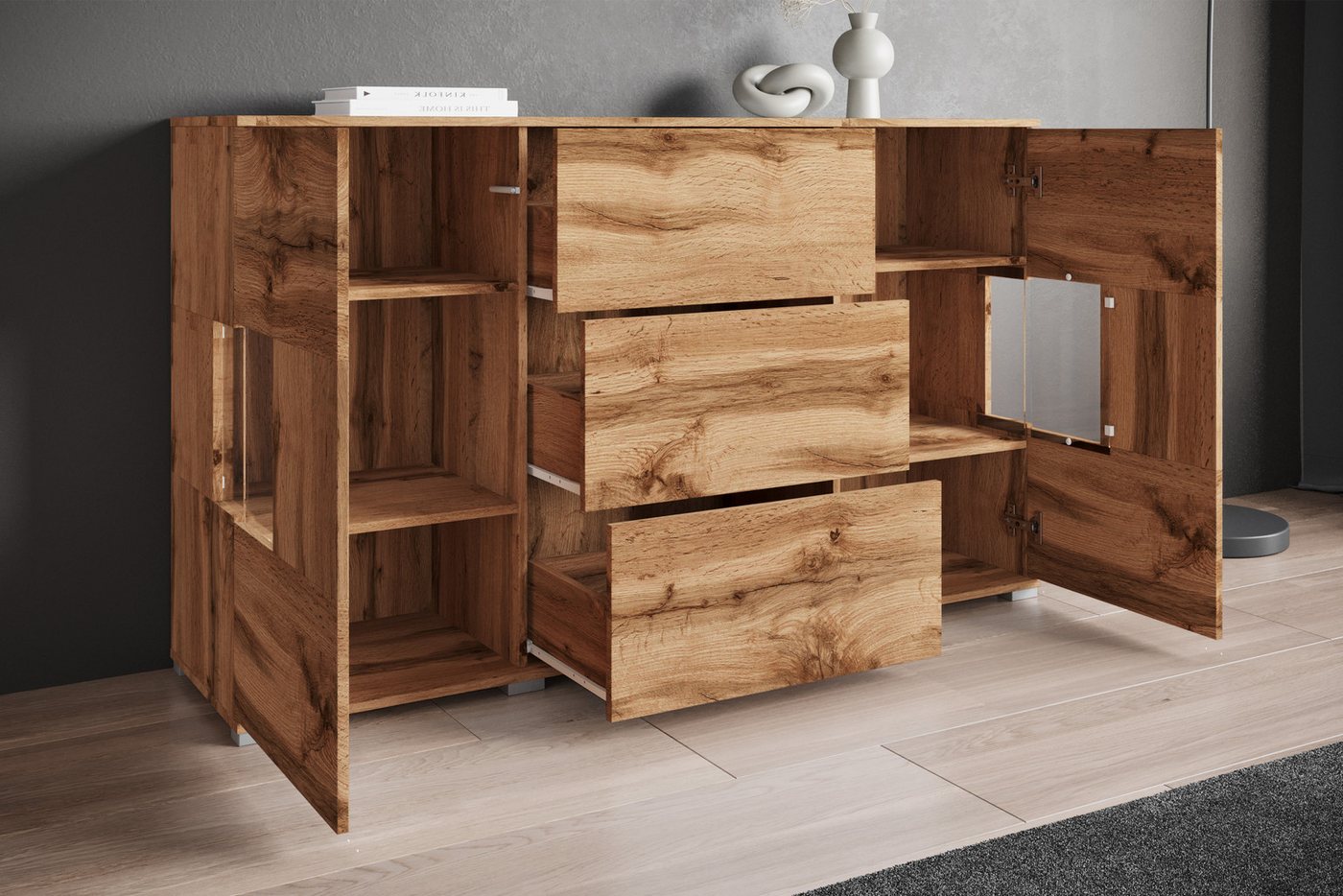 OTTO home Sideboard Kenia (1 St), Sideboard mit 3 Schubladen, 6 Fächern, Glastüren, Breite 150 cm – Bild 5 von 5