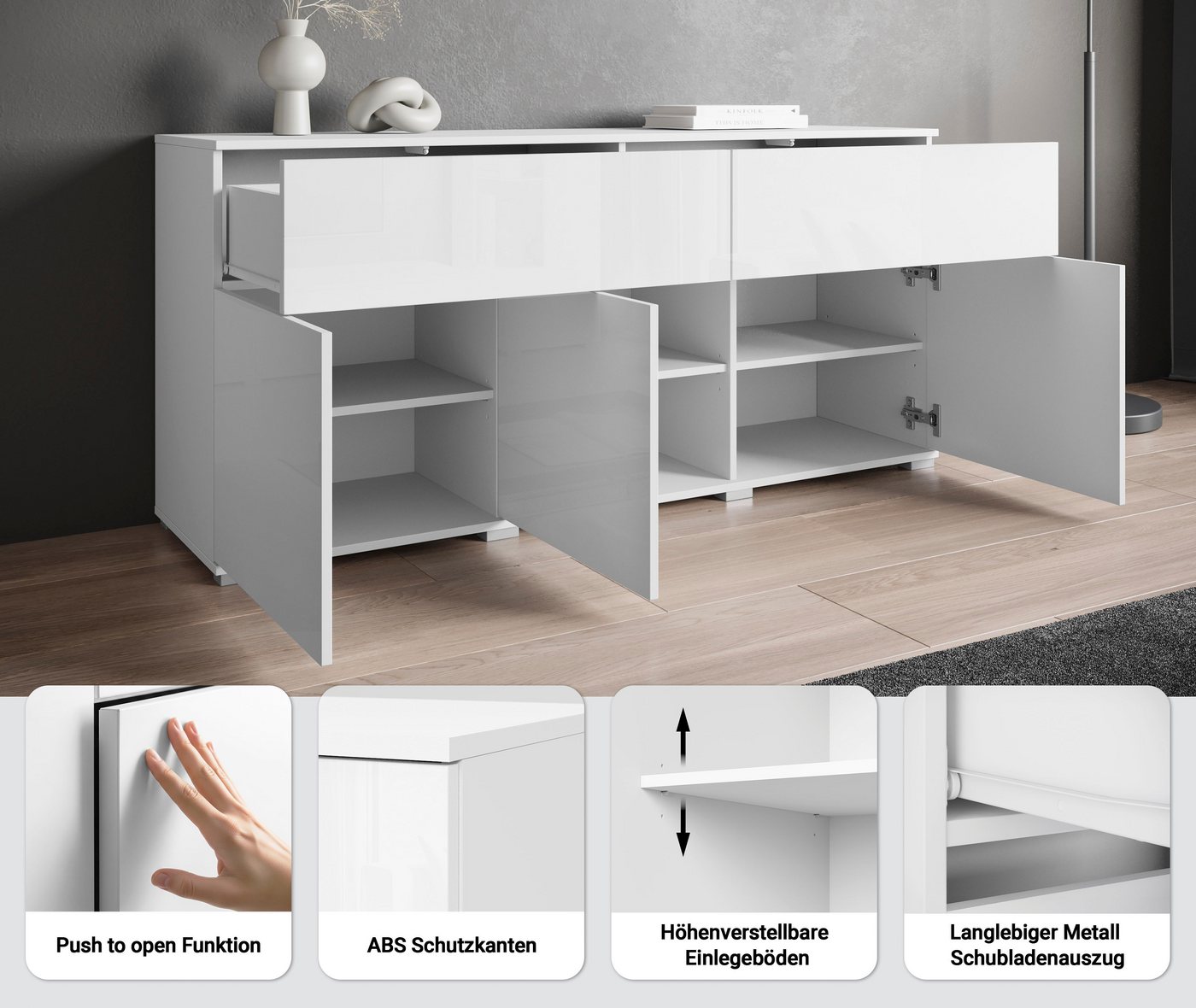 OTTO home Sideboard Kenia, Kommode mit 3 Türen und 2 Schubladen, 150 cm breit (1 St), Griffloses Design mit Push-to-Open und verstellbaren Einlegeböden – Bild 3 von 5