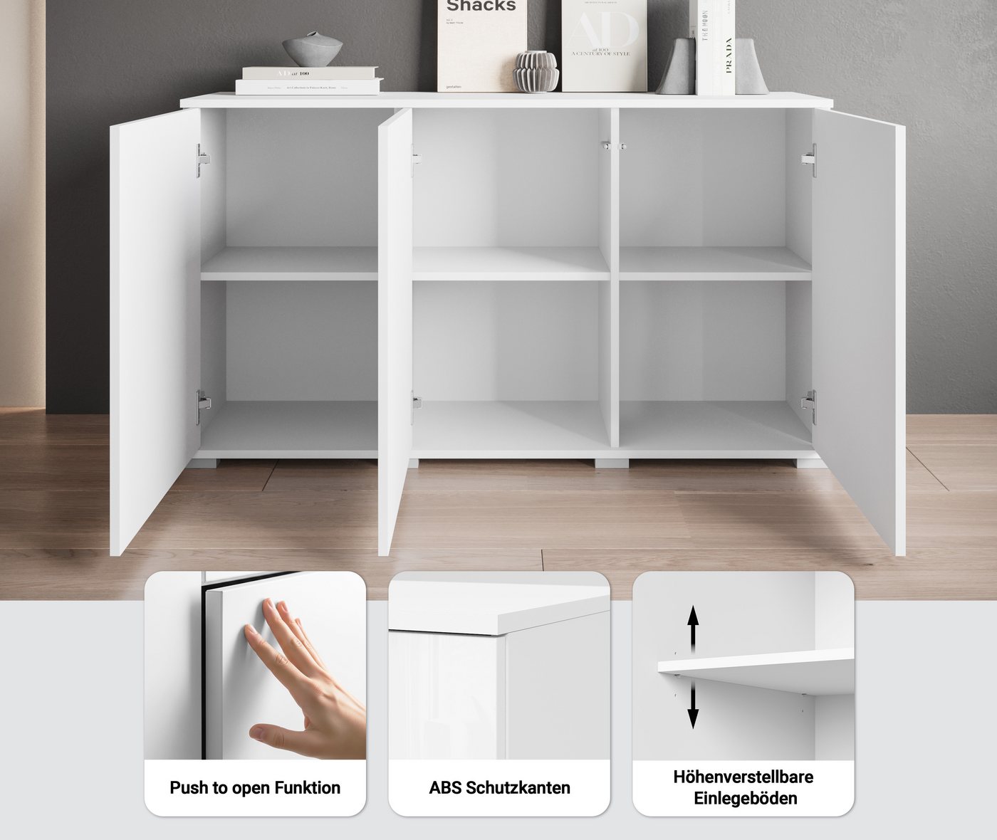 OTTO home Sideboard Kenia, moderne grifflose Kommode mit 3 Türen, Breite 120 cm (1 St), Push-to-Open-Fronten, höhenverstellbaren Einlegeböden – Bild 3 von 5