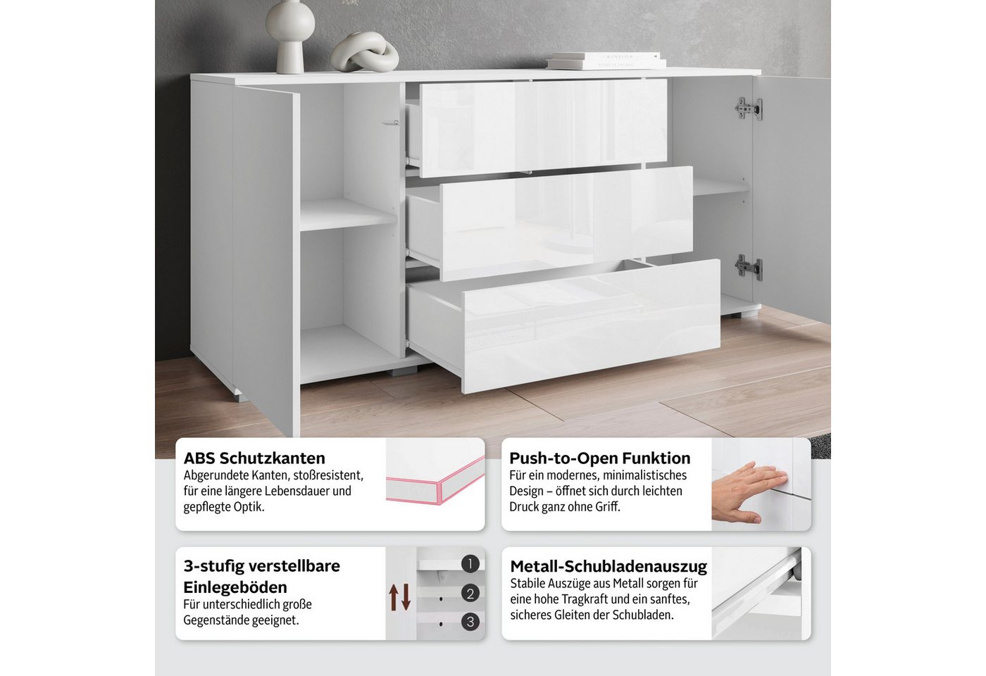 OTTO home Sideboard Kenia, Kommode für das Schlafzimmer/Wohnzimmer (1 St), Modernes Sideboard mit 3 Schubladen und 4 Fächern, Breite 150 cm – Bild 3 von 5