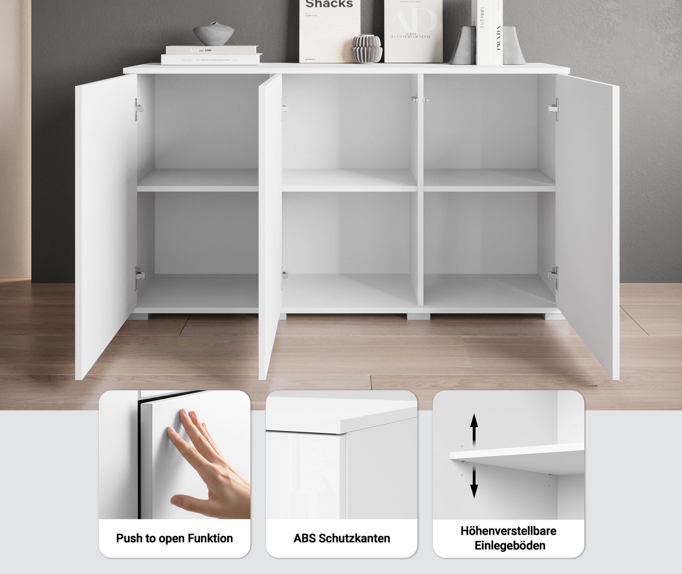 OTTO home Sideboard Kenia, moderne grifflose Kommode mit 3 Türen, Breite 120 cm (1 St), Push-to-Open-Fronten, höhenverstellbaren Einlegeböden – Bild 3 von 5