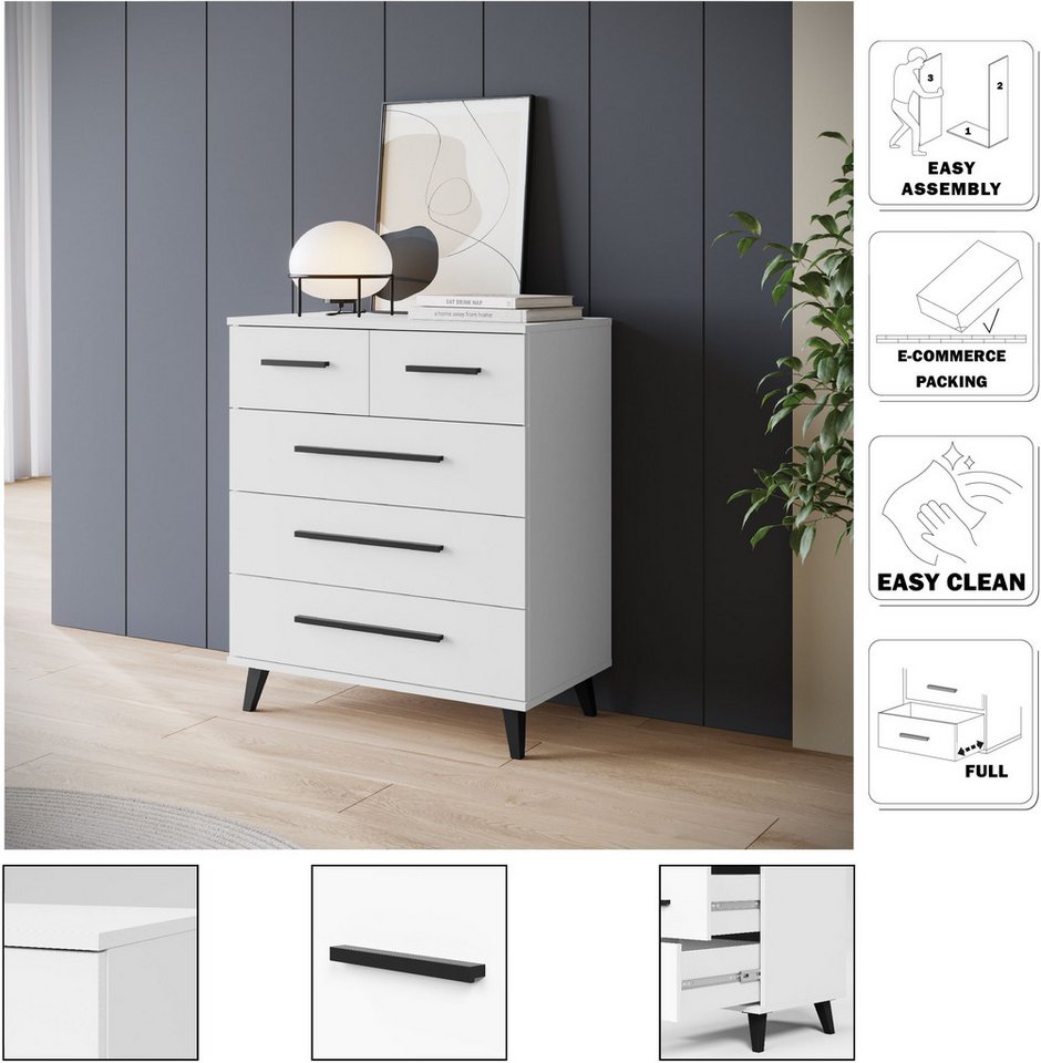 OTTO home Sideboard Lagos, Kommode, 5 Schubladen, schwarze Griffe & Füße (Wäscheschrank Bestseller in Top Qualität), modernes Design, B/T/H je 70/39,5/82,5 cm,  – Bild 3 von 5