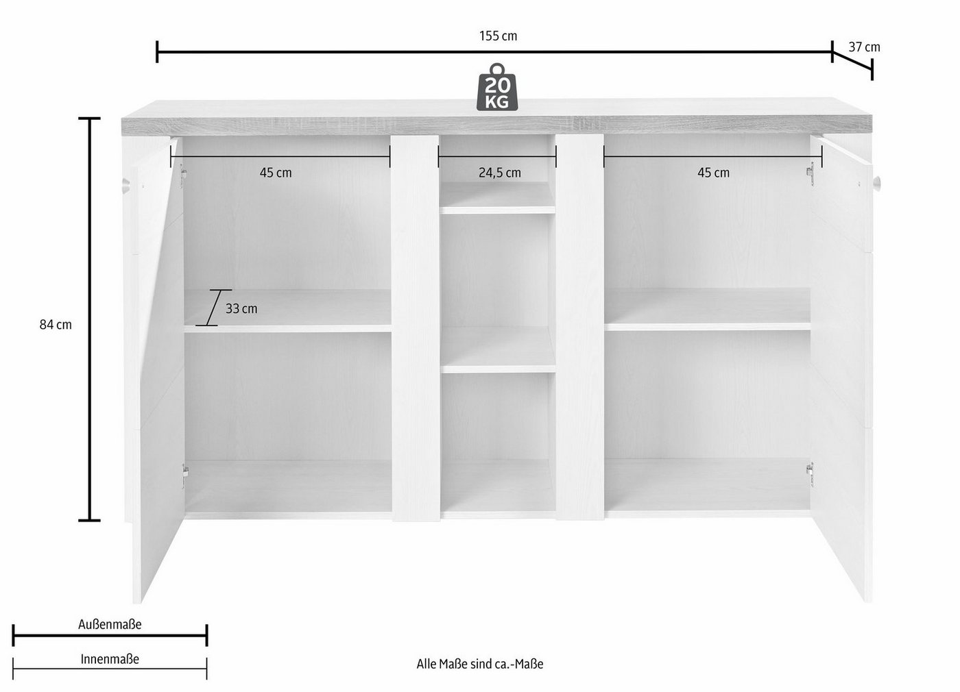 OTTO home Sideboard Larona, zeitlose Kommode mit 2 Türen, Türkommode, Breite 155 cm, Höhe 84 cm, viel Stauraum, Anrichte mit dekorativer Rahmenoptik – Bild 3 von 5